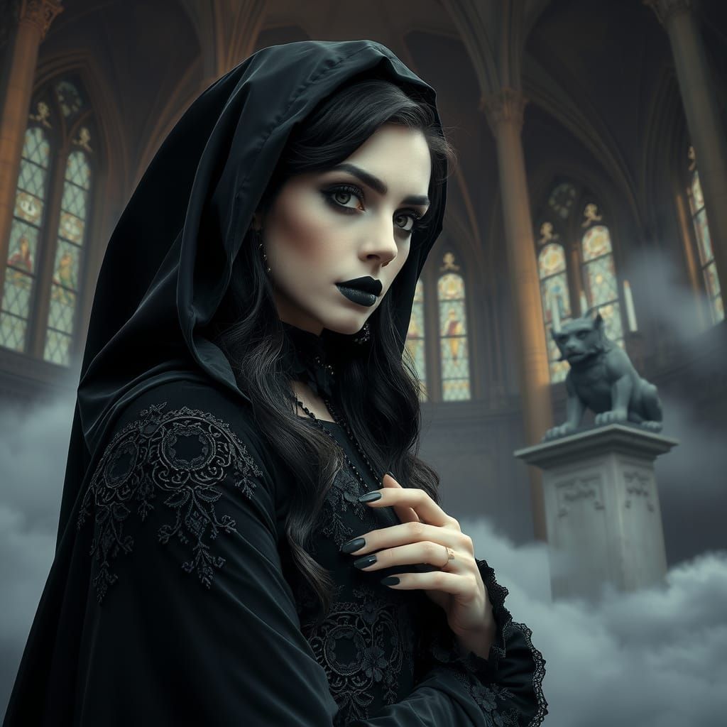 Gothic madness vibez. Black hairs black makeup black eyes black lips. Background is church. They doing ...  by @Beatrice 