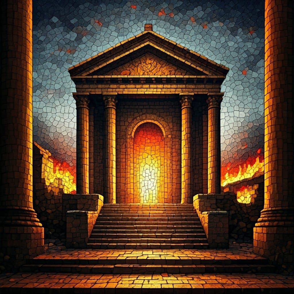 Temple in Flames: A Haunting Mosaic of Sorrow and Longing