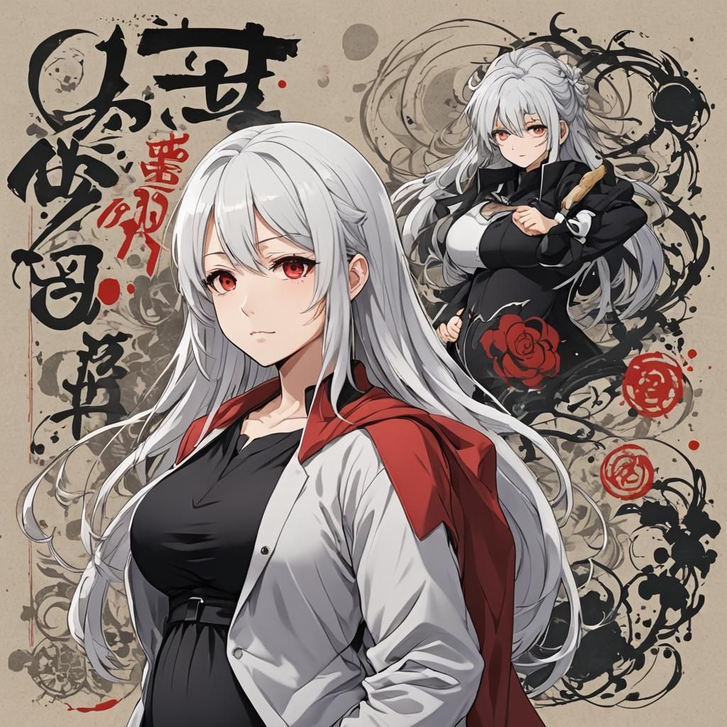 pregnant anime teacher with white hair and black and red clo...