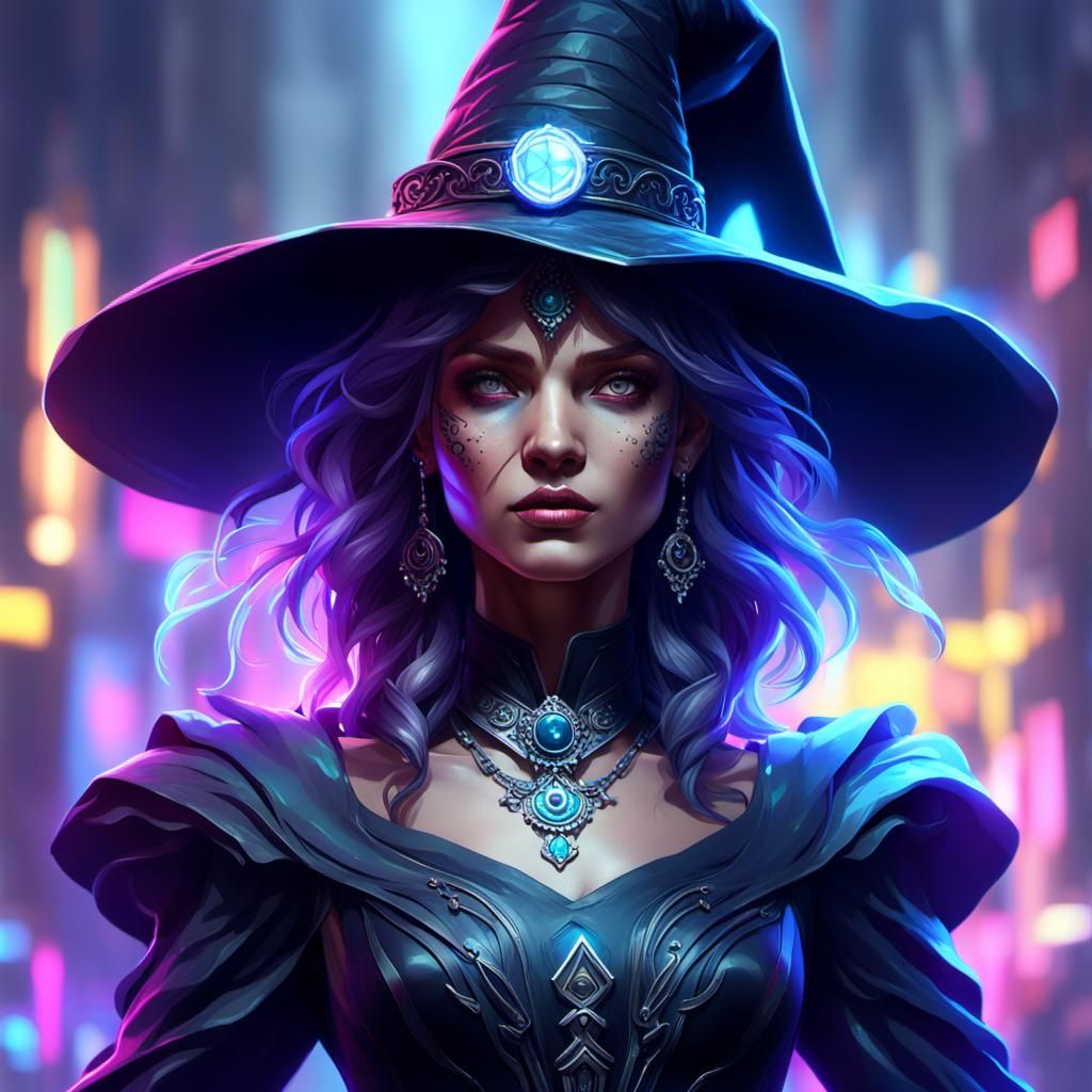 neon witch with a black dress