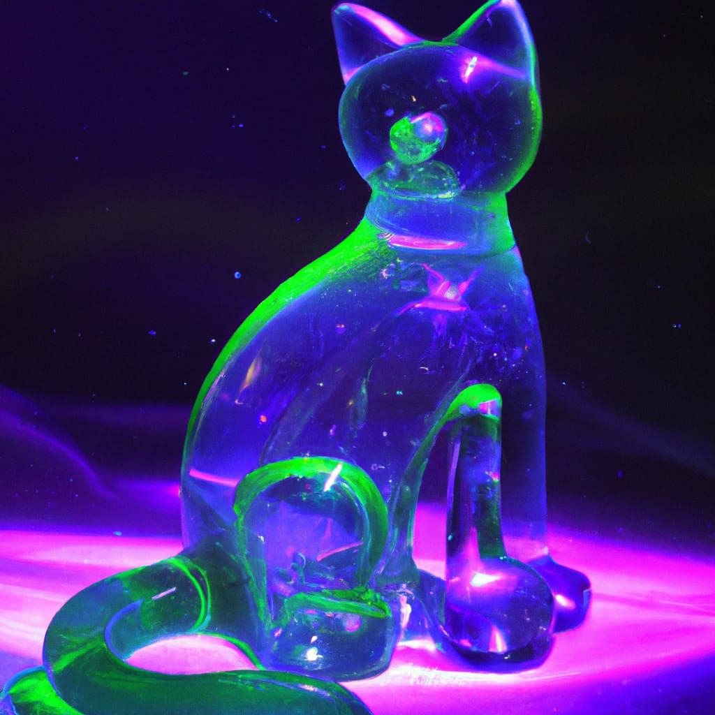 neon cat glass sculpture, purple blue and green, in galaxy