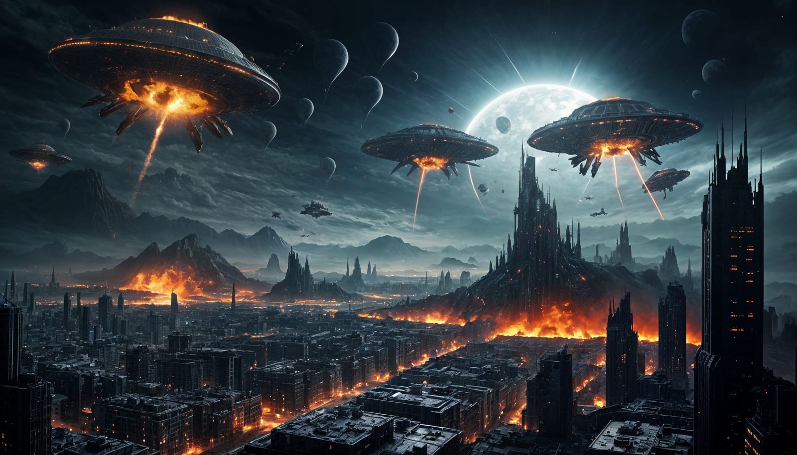 The image shows a dramatic scene of a planet under alien inv...