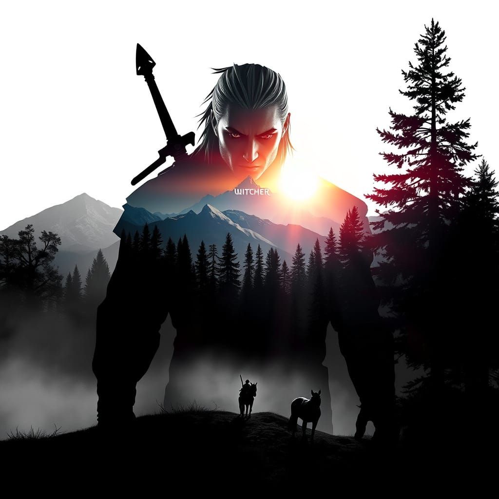 The Witcher Silhouette Merged with Forest Landscape