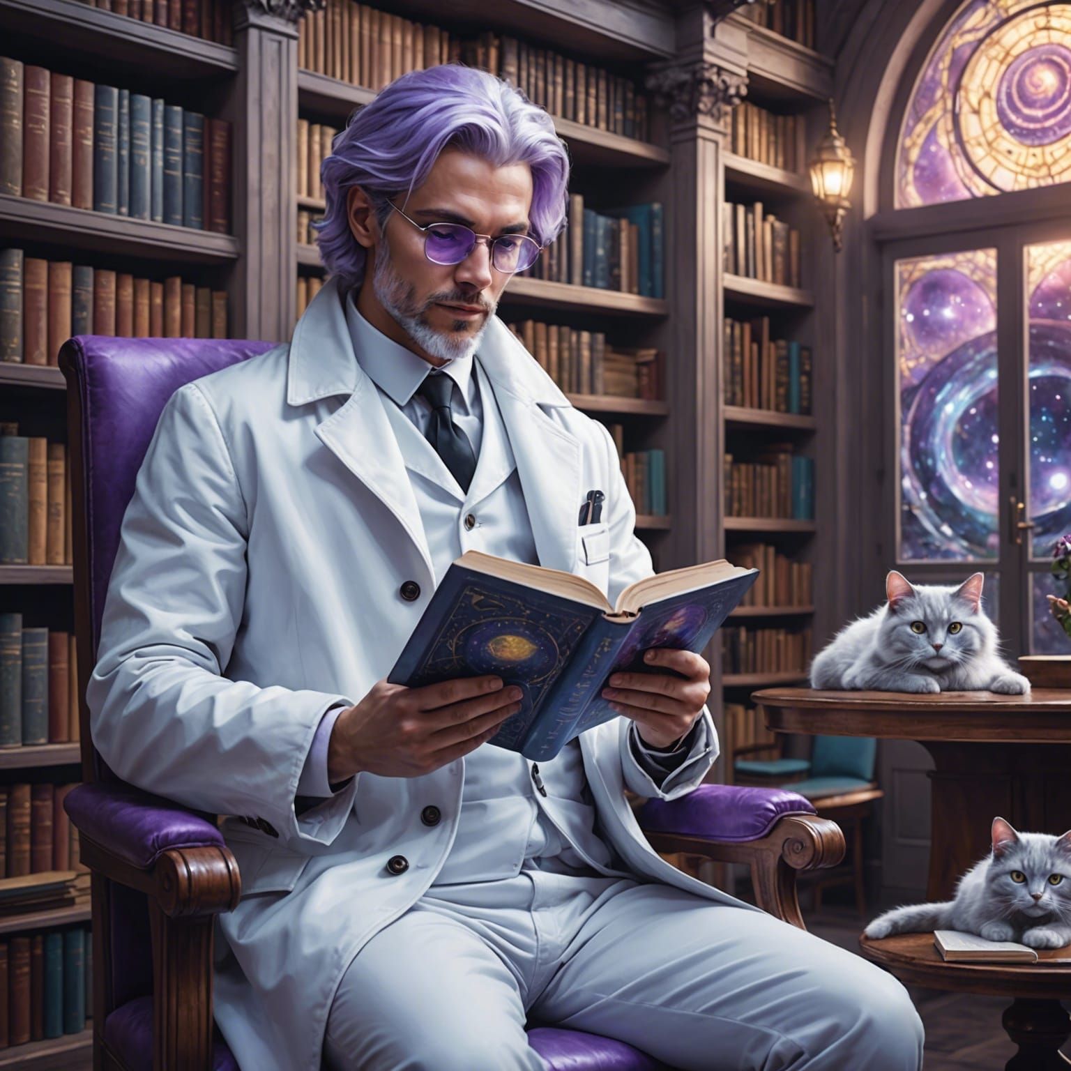 A man with a white coat and light purple hair and eyes readi...