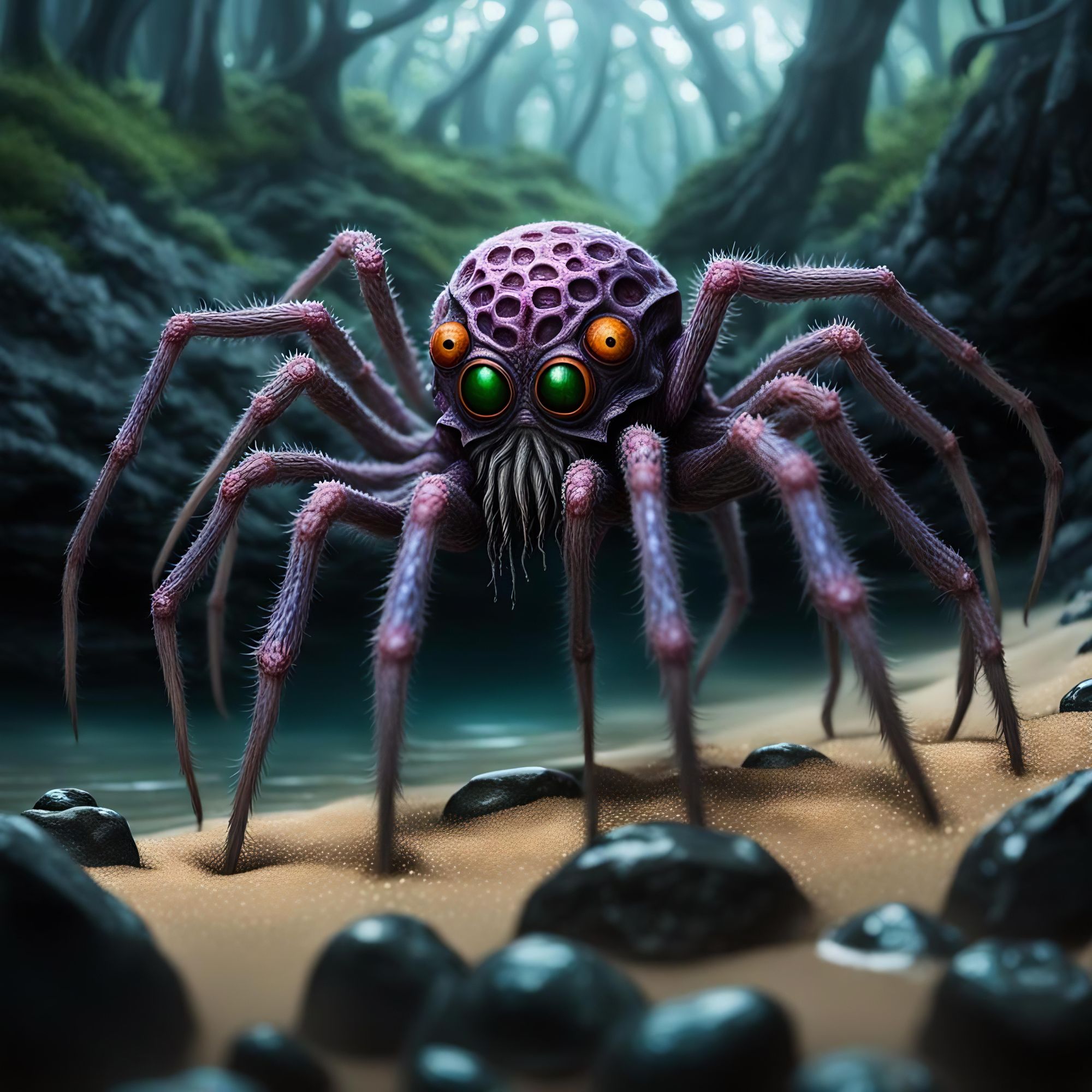 Azathoth the extremely  spider : I’m always watching you tiny fleshy humans on the camp lake beach shoreline in Oahu on the surface shorelin...