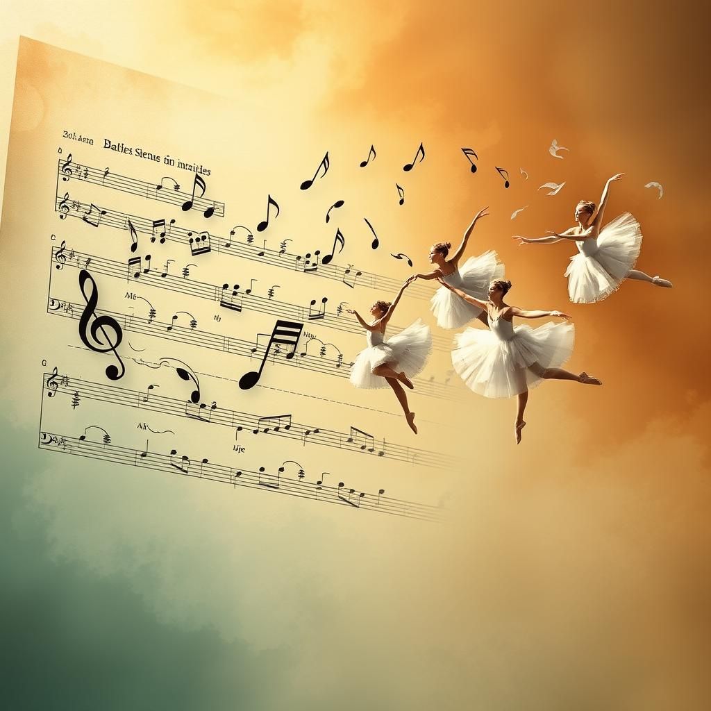 Create an image of a piece of sheet music with musical notes flying off the page. As the notes leave ...  by @Faea Tuulama