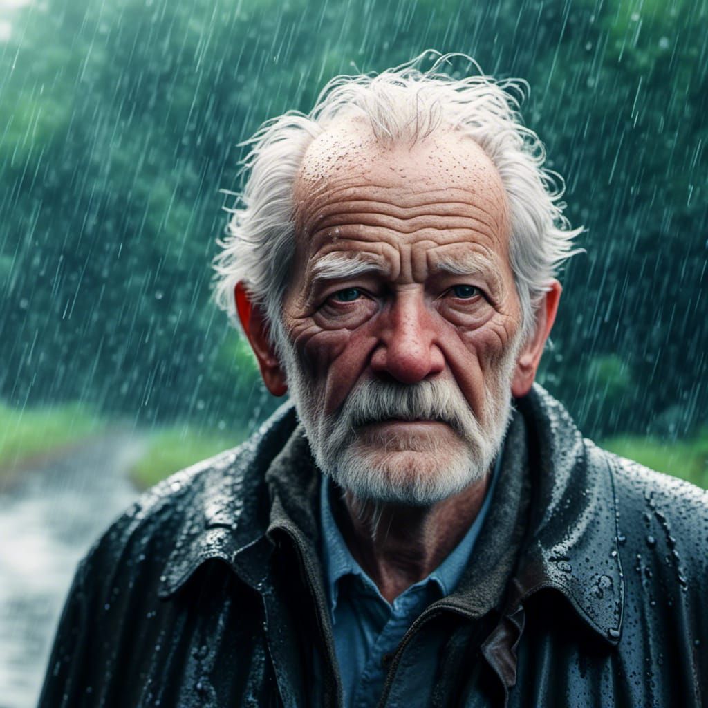 <lora:Vero:1.0> A photograph of an old man walking in the rain making eye contact with the viewer in a mid-shot view.
