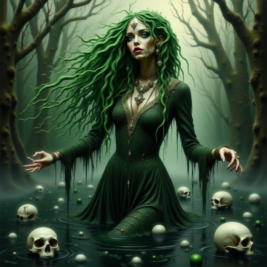 <lora:Big Hair:1.0> In a surrealistic scene, a woman with long green braded hair made of moss and vines stands half-submerged in water. Her ...