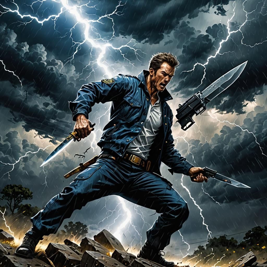 knife, gun, lightning, stormy area, blue, white, black, yell...