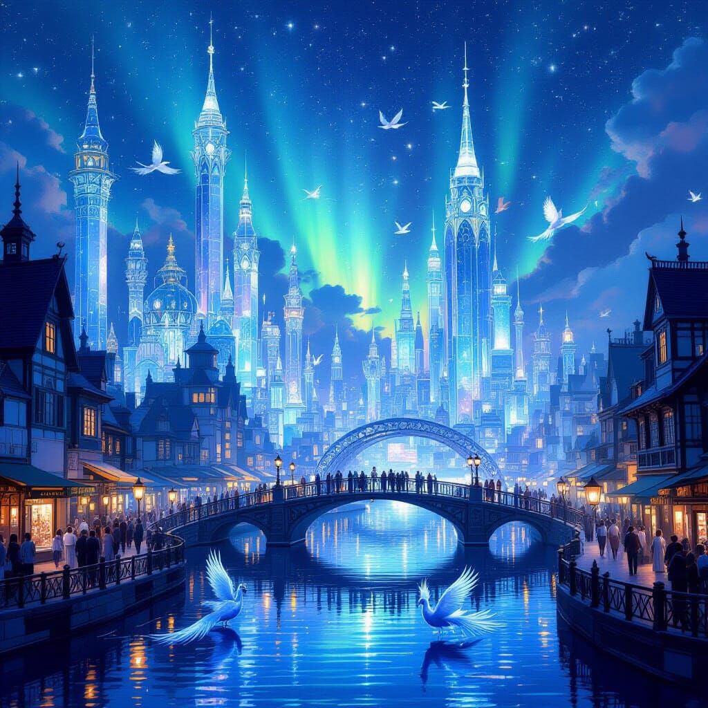 A bustling night market in a city built entirely of crystal and glass, illuminated by floating lanterns ...  by @Angel