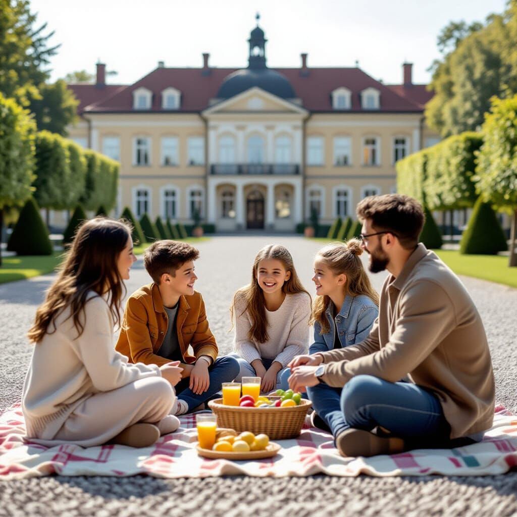 Prince and Princess Friends Relaxing in Palace Courtyard