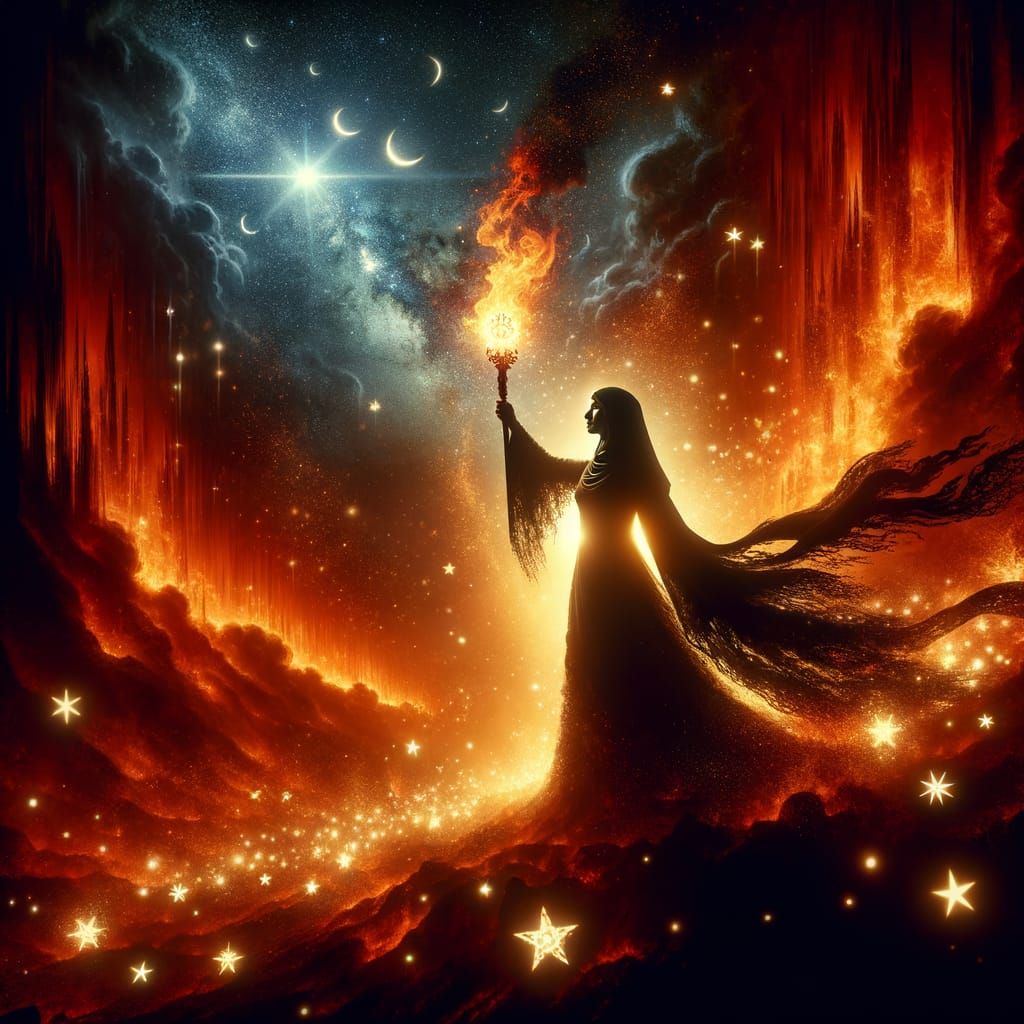 Epic Silhouette: Woman Emerges from Fiery Abyss