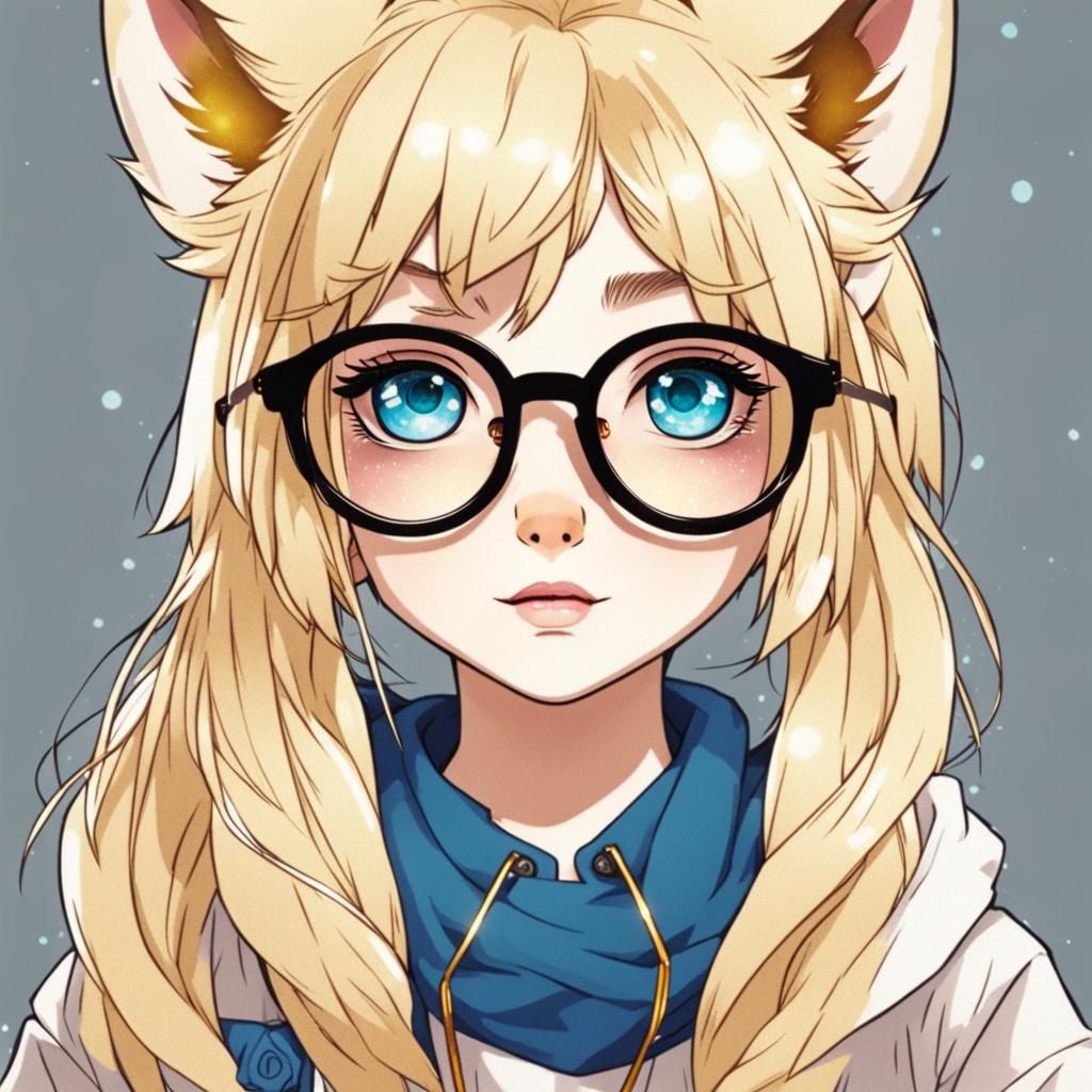 cute wolf girl kawaii with gold big round glasses and blue e...