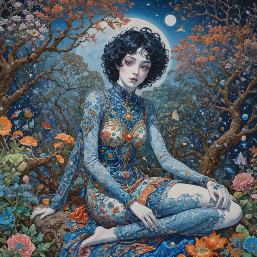 Space Between Dreams by Raqib Shaw, Tim Burton split-complementary colors post-impressionism faience cel-shaded ethereal anime dye-transfer 