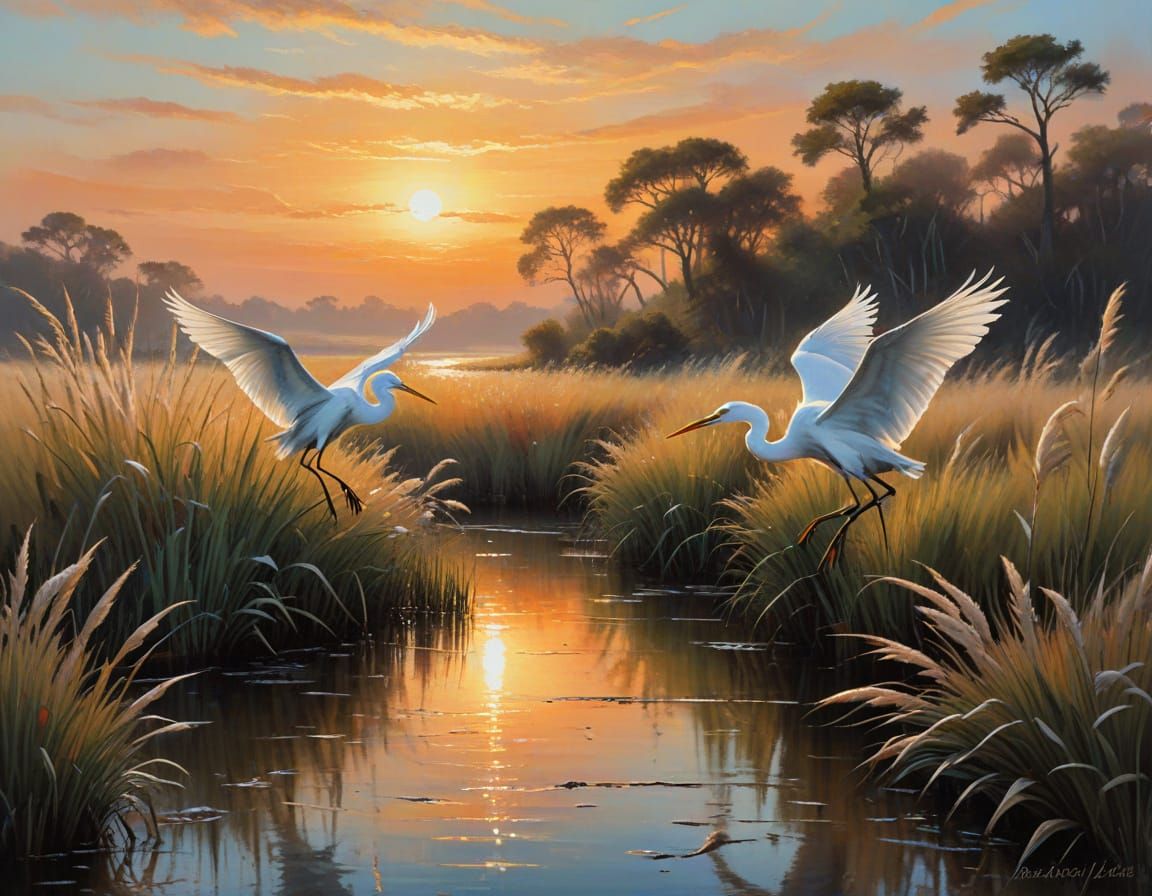 Oil painting of egrits finding a place for the night in the  salt marshland at sunset.  by @Terra