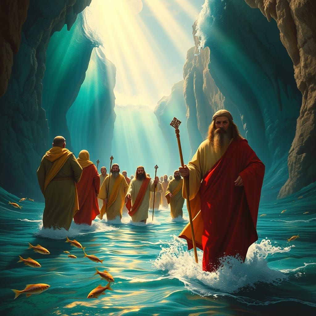 Moses Leads Israel Through the Parted Red Sea in a Dreamlike...