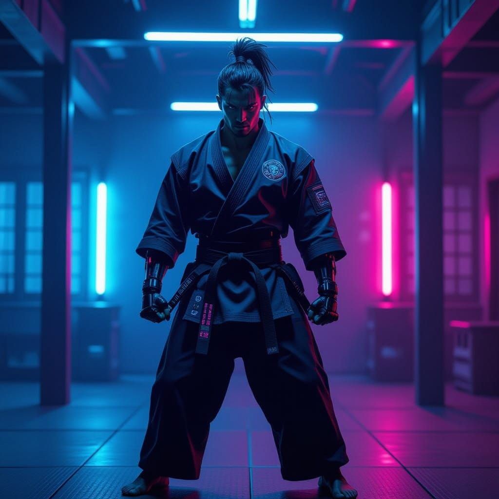 : A cyberpunk karate master stands defiantly in a neon-lit dojo, their body augmented with cybernetic enhancements, with intricate details o...