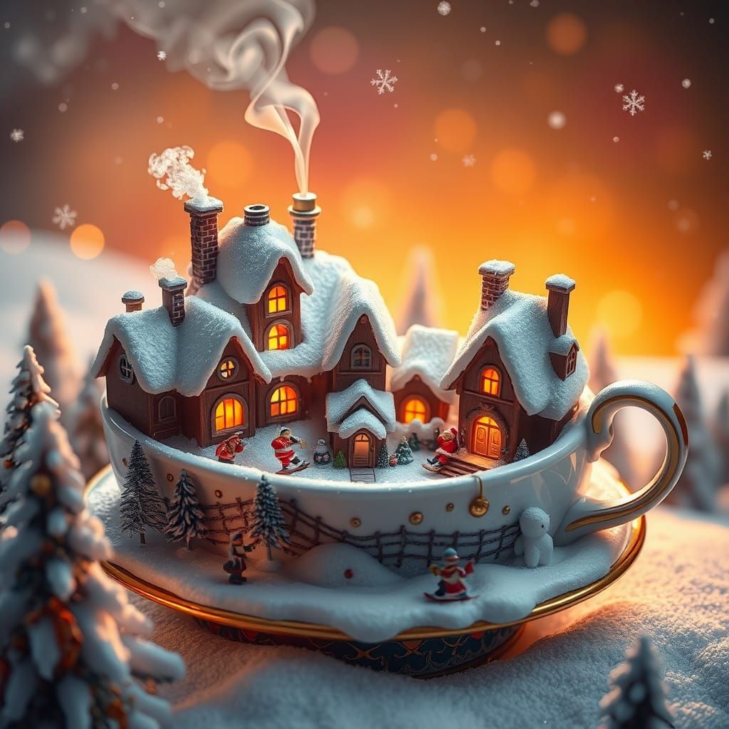 a snowy village inside a teacup