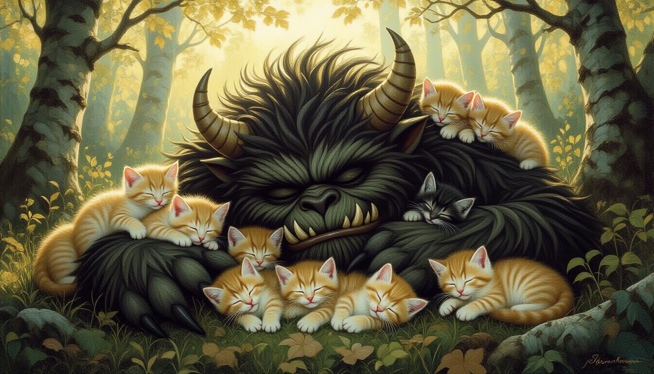 where the wild things are beast sleeping with a bunch of adorable kittens, all the little kittens sleeping ...  by @Kindly Offer
