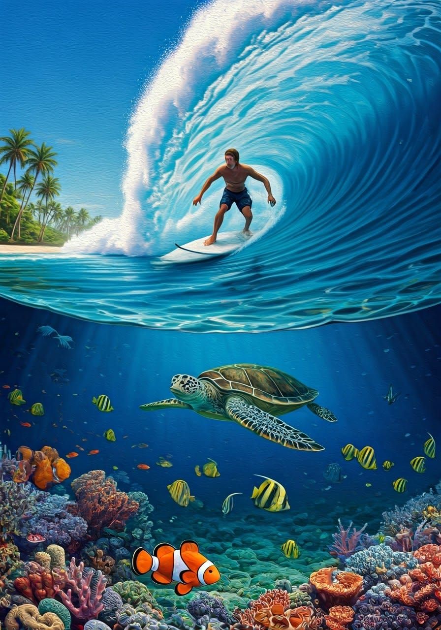 Slanted extreme tilted foreshortening low angle of human surfing on surfboard with visible above below ...  by @David Myers