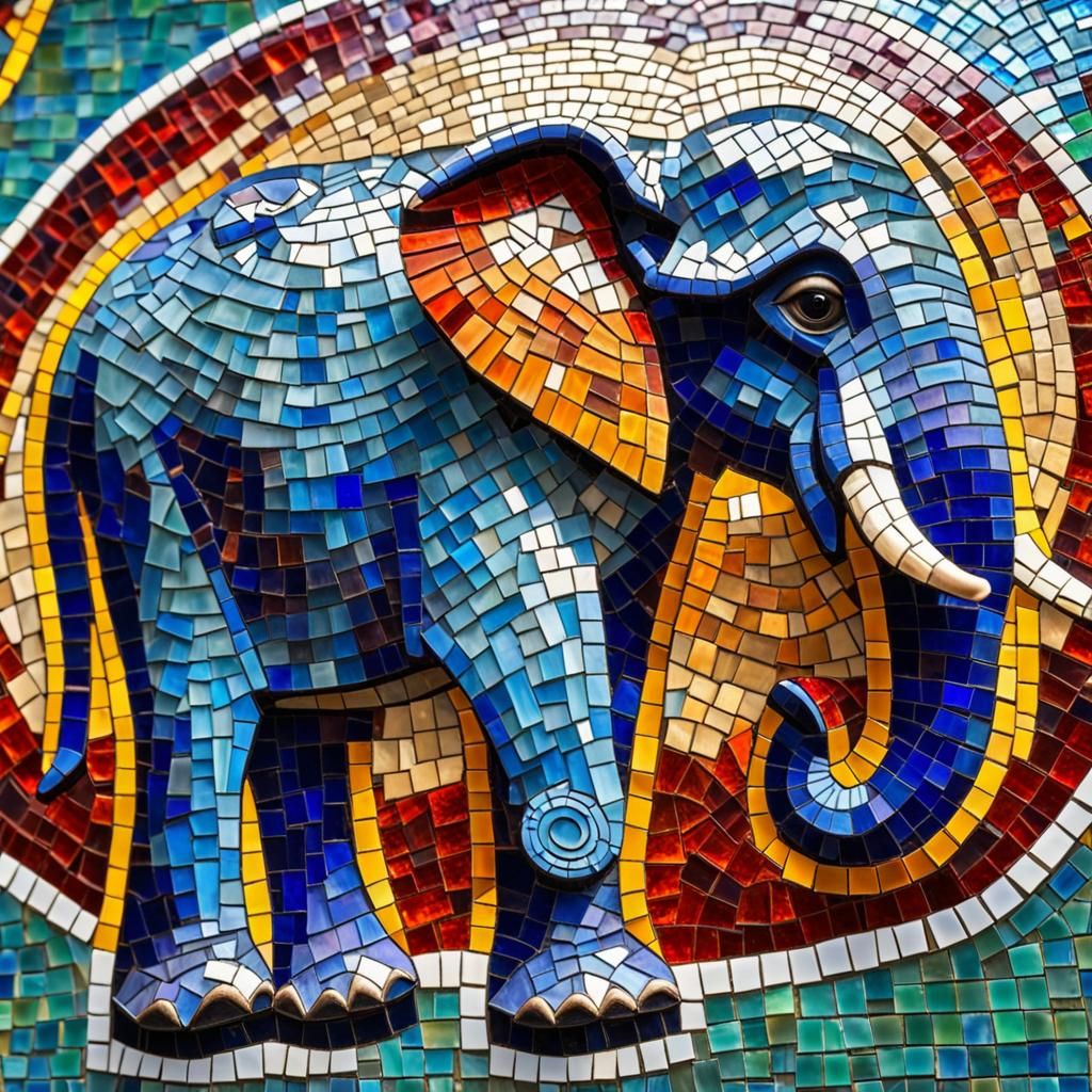 Elephant mosaic made from colorful glass tiles_intense detai...