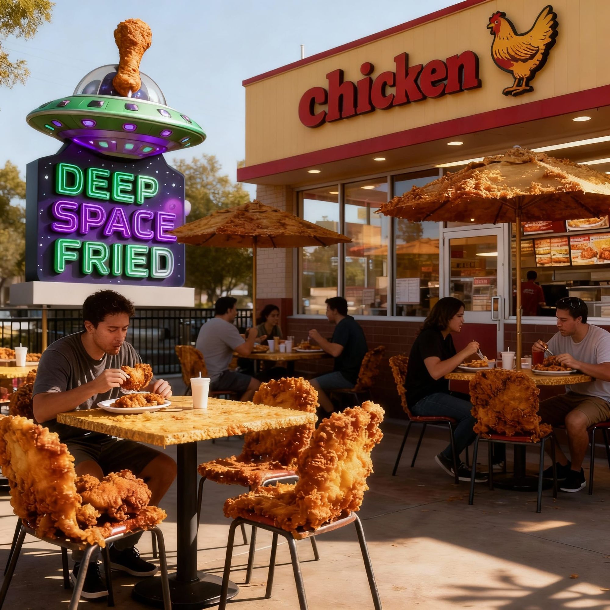 A chicken restaurant with an outdoor patio dining area, all of the patio furniture is visibly deep-fried: The umbrella tables and chairs are...