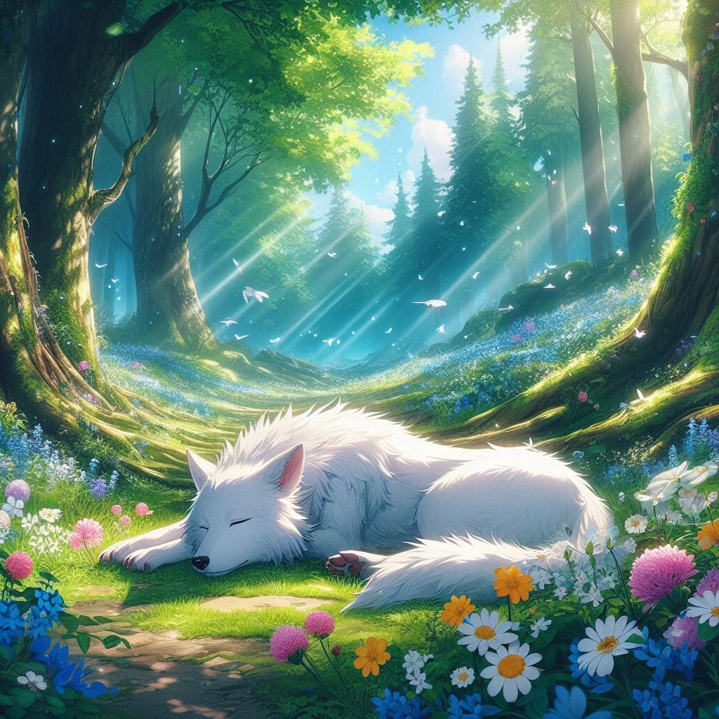 A white wolf sleeping in a forest with flowers