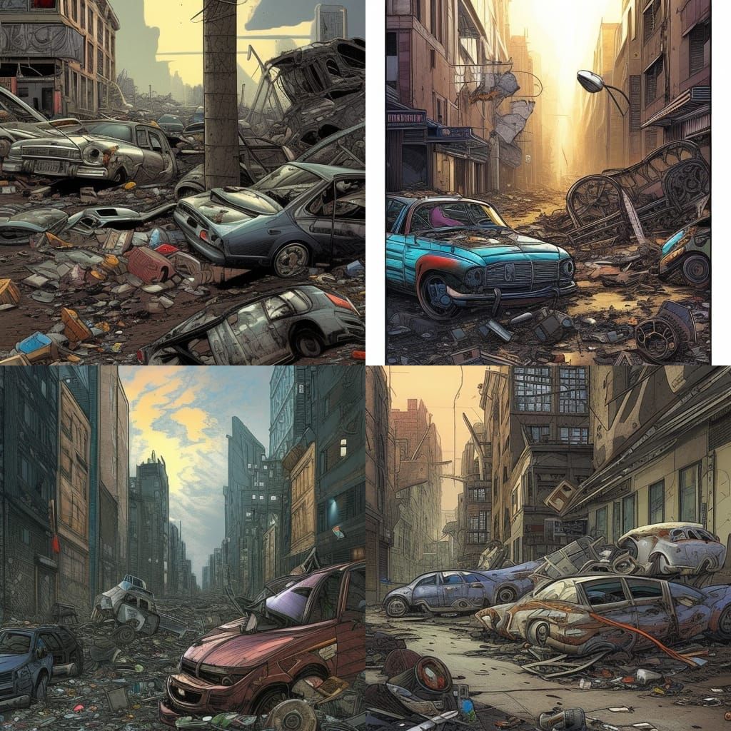 post apocalypse empty ruined streets with garbage and rubble...