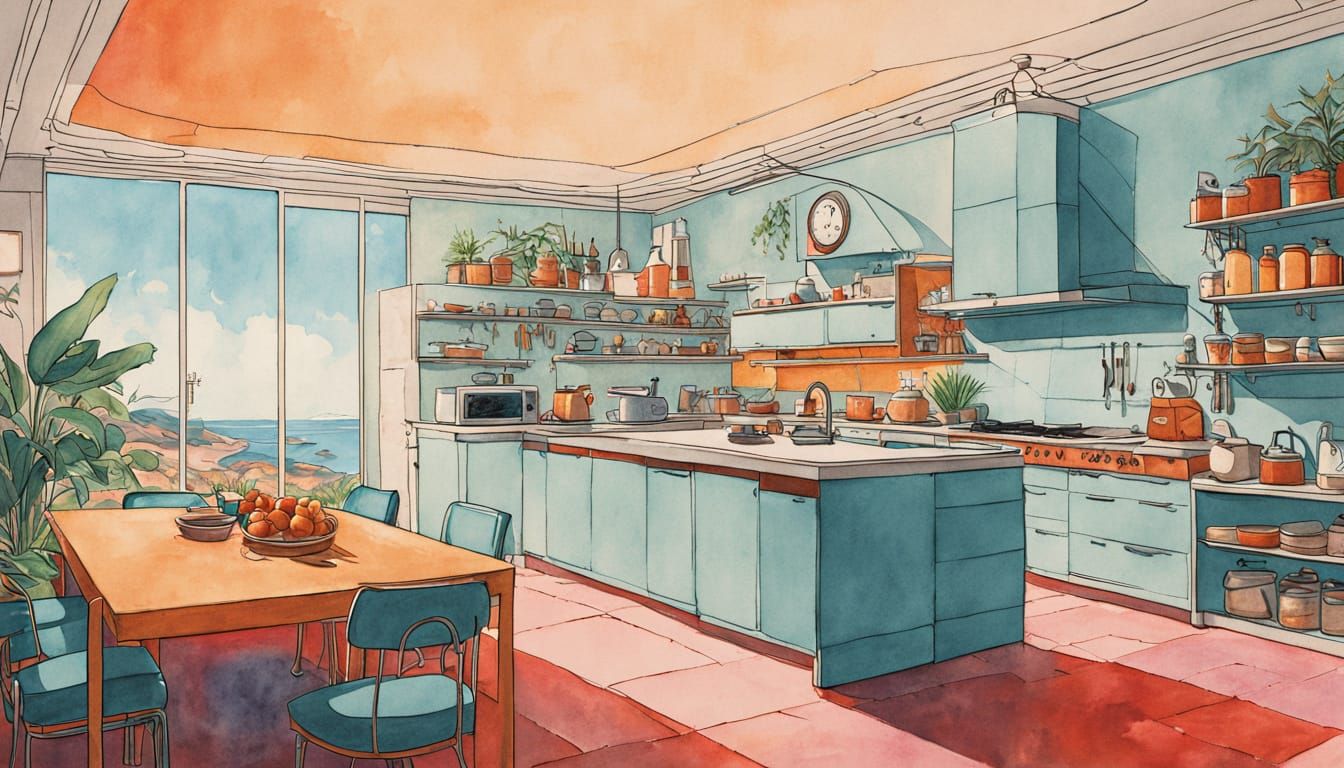 modern kitchen, modern comic book style, moebius, ghibli, erin hanson, gouache, watercolor, pastel mossy green, pastel indigo blue, pastel m...