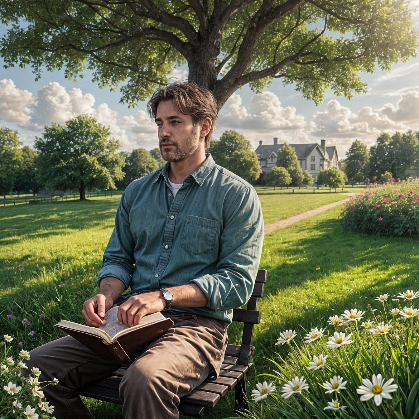 A man is seating under the tree on a bench and reading a book on Gradening. And in background the should be a land full ...