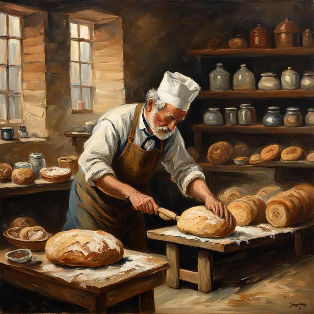 painting of baker kneading bread dough in a bakery in the st...