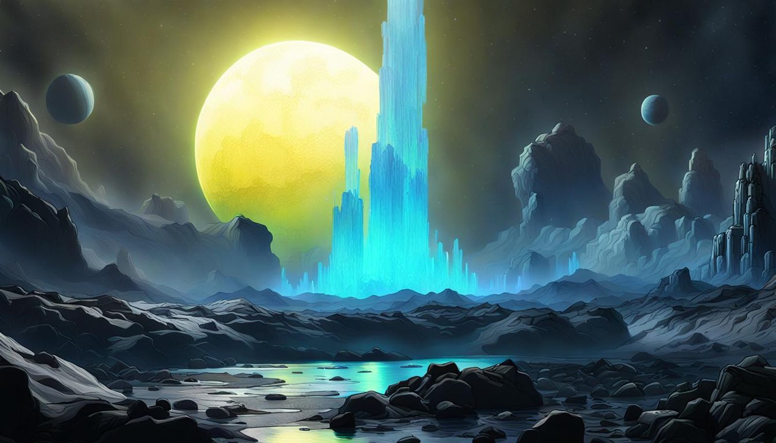 paint a highquality widescreen backlit image of florescent geysers on