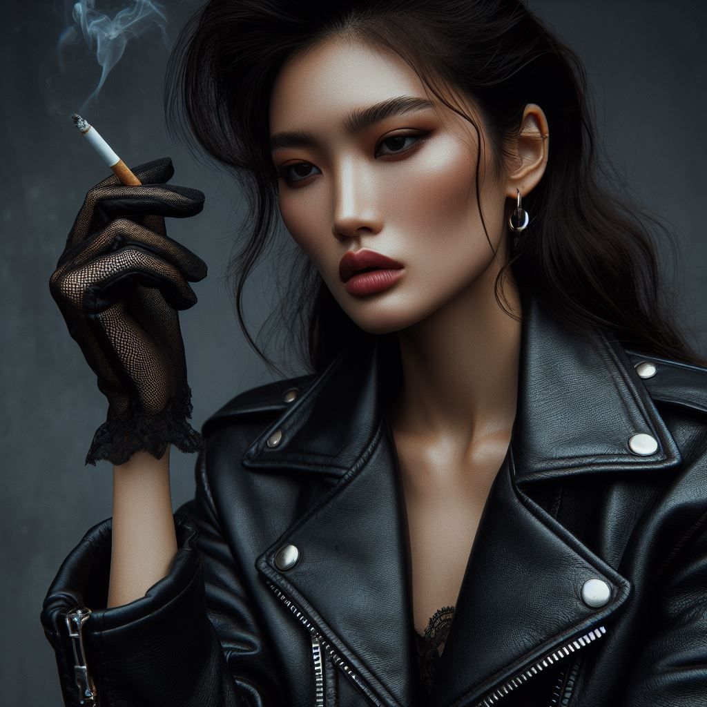 Japanese girl in leather, smoking