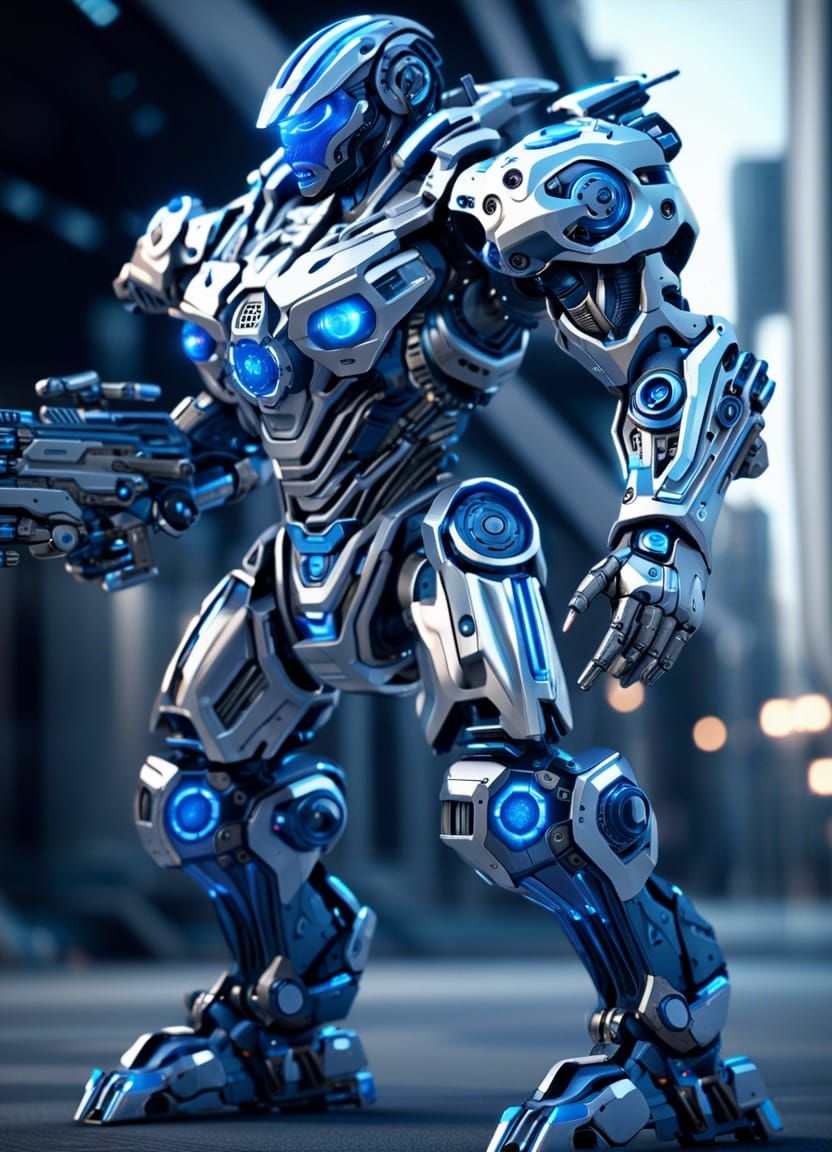 photorealistic huge muscular cyborg robot aiming with futuristic rifle ...