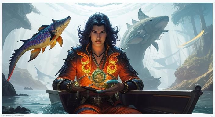women on a boat surrounded by fish and other creatures in th...