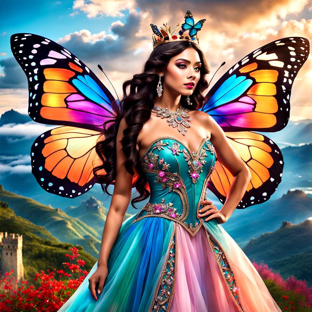 Beautiful Butterfly Queen Standing  In front Of Her Castle