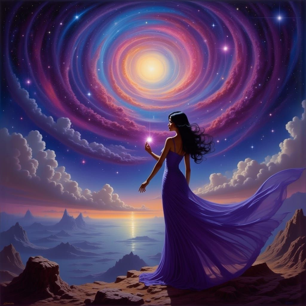 In a galaxy where dreams ignite
Morgain's magic in the starlight
Unfolds the tales of endless skies
Dancing with the moon's soft sighs
Her g...