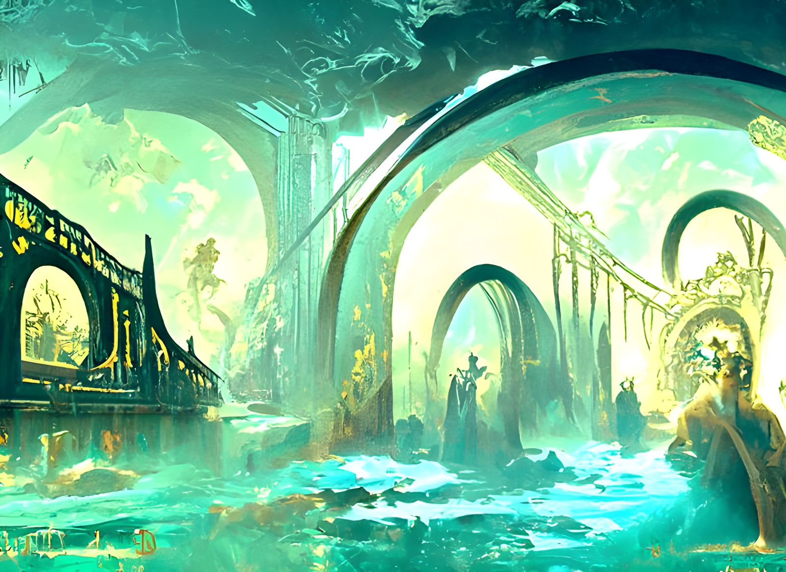 Bridge to the underworld portal oil painting by James Gurney...