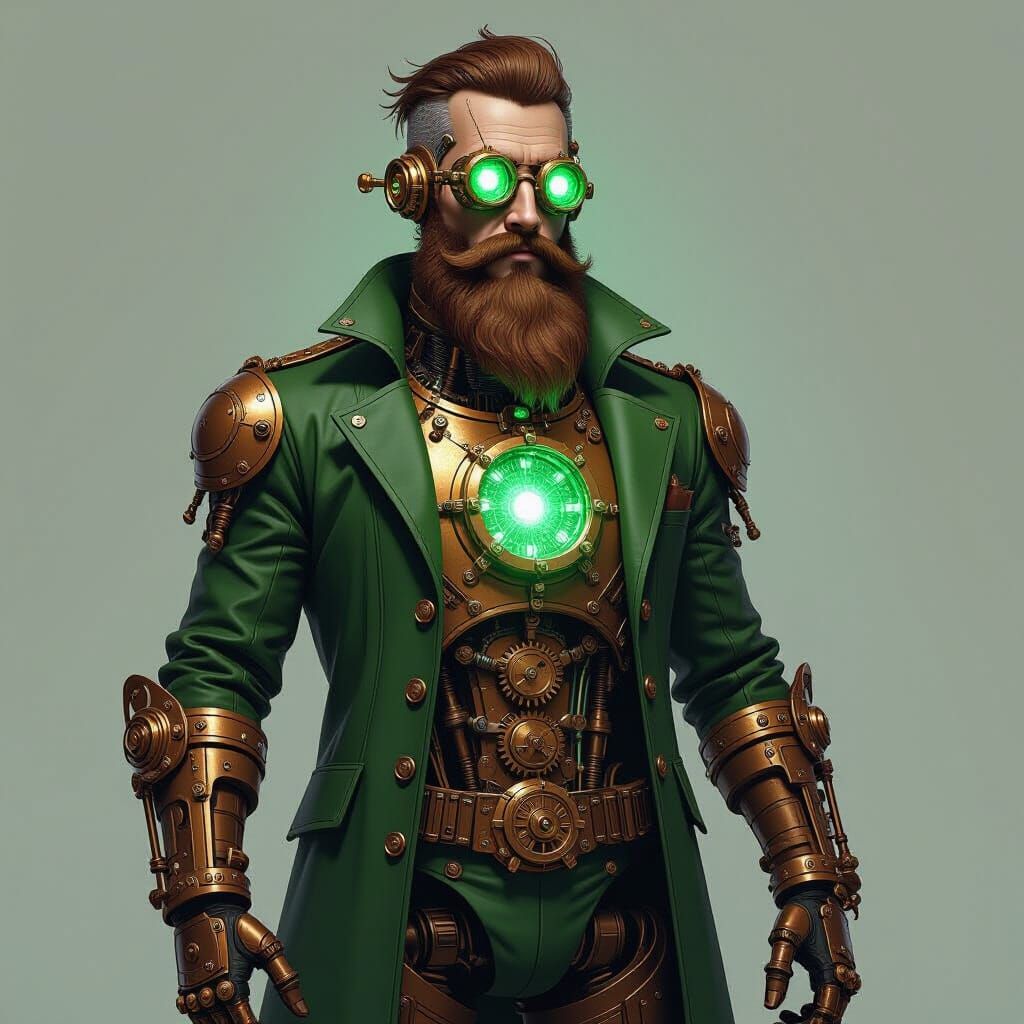 A clockwork man six and a half feet tall. Body made of bronze beard of rusty bolts welded together. A green glow from his insides at the sea...