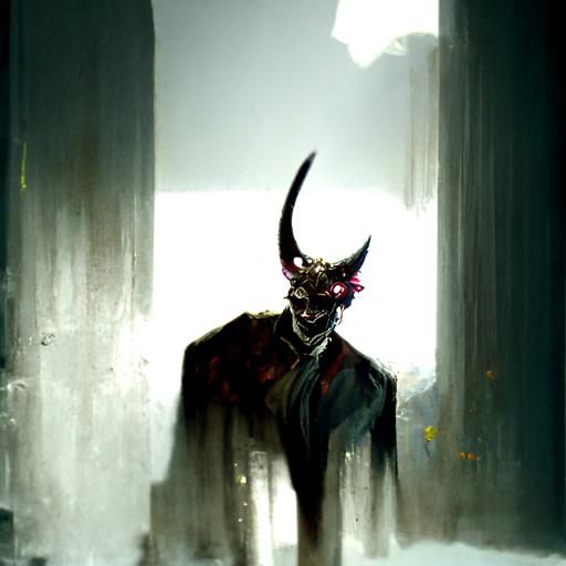 a demon with horns an a smirk wearing a masquerade mask