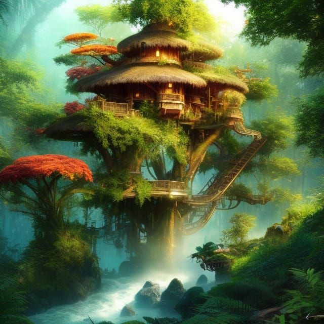 gorgeous jungle treehouse - AI Generated Artwork - NightCafe Creator