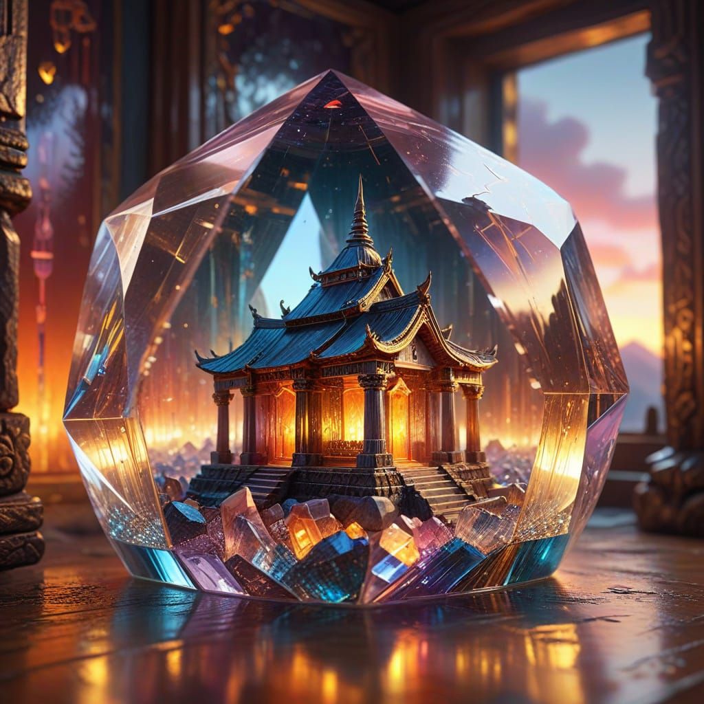 Glowing Temple Inside Crystal: Hyperrealistic Digital Art