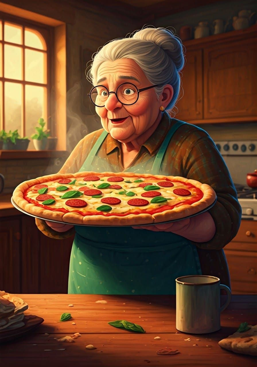 Adorable Italien Grandma serving a delicious huge pizza to her grandchildren. Focus on the pizza, whimsically ...  by @Tolino