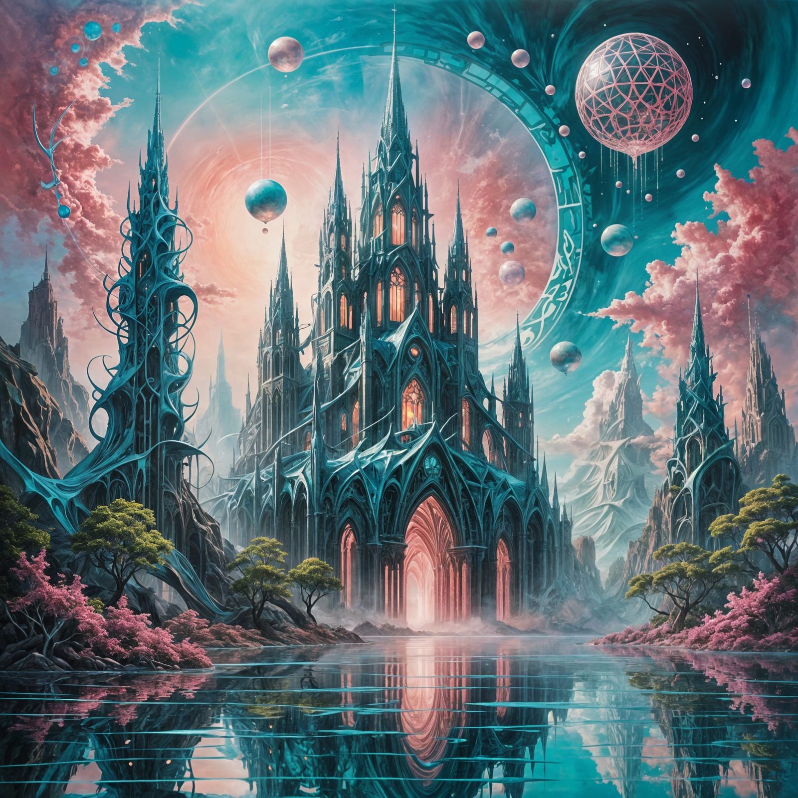 Surreal Floating Cathedral in a Cosmic Landscape