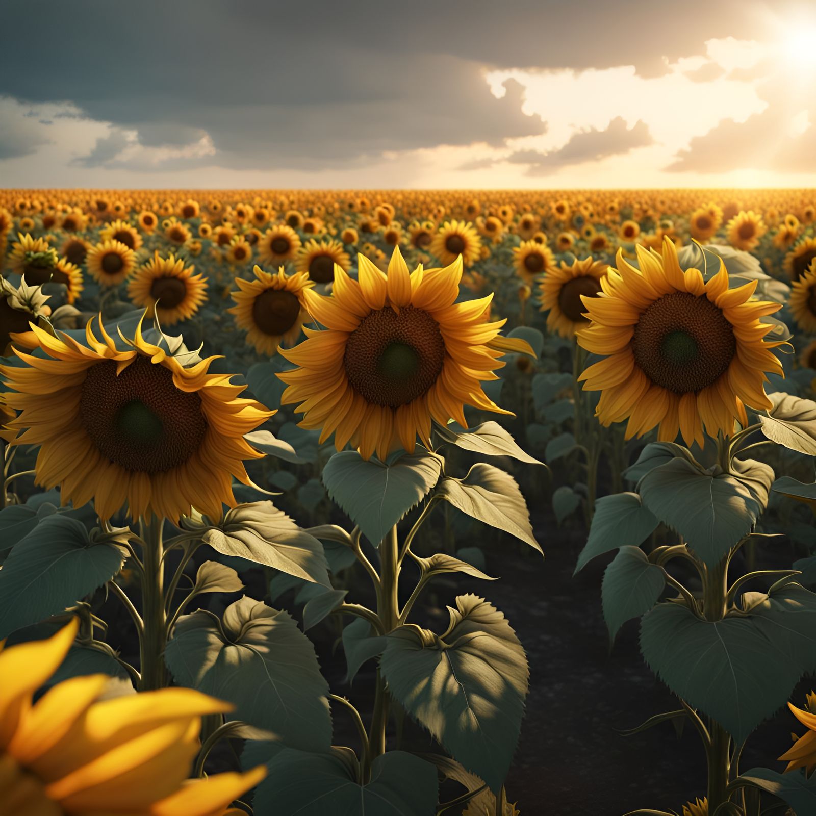 A field of sunflowers all turned towards the viewer the imag...