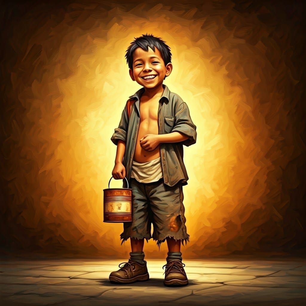 Joyful Poor Boy Collects Donations with Radiant Smile