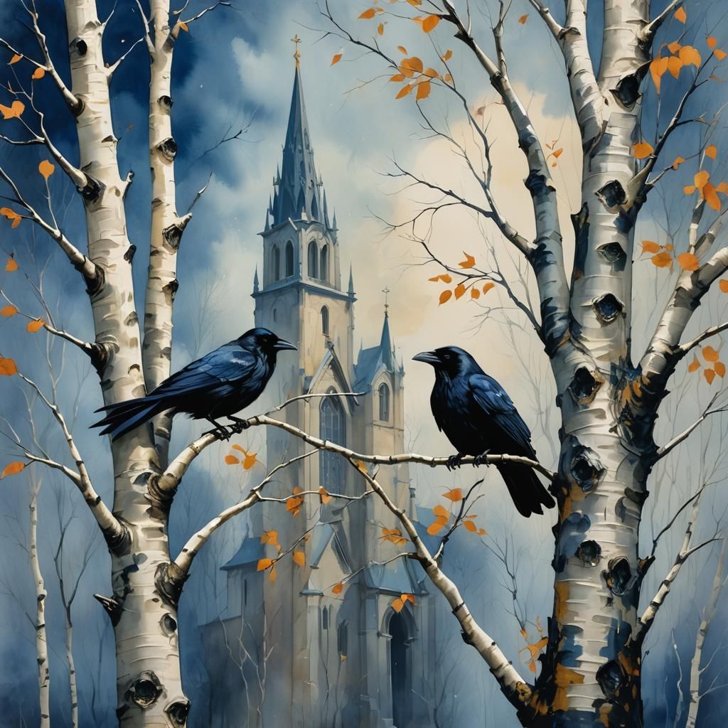Ravens in a churchyard