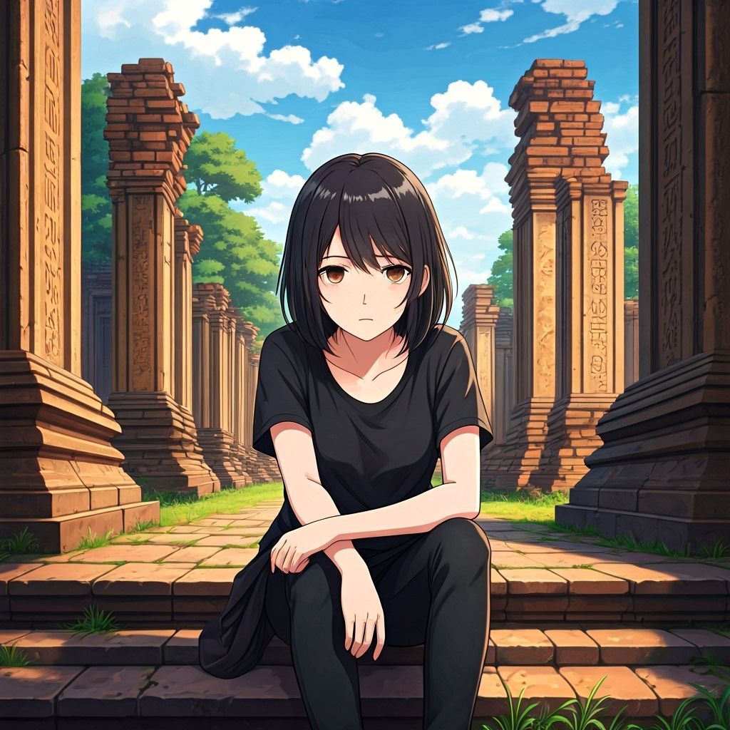 Depressed Anime Woman in Ancient Temple Ruins