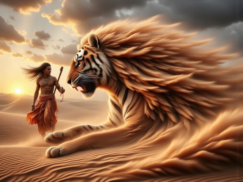  <lora:FiosWindsweptEcho:1.0> Sandstorm Tiger and Indian Man