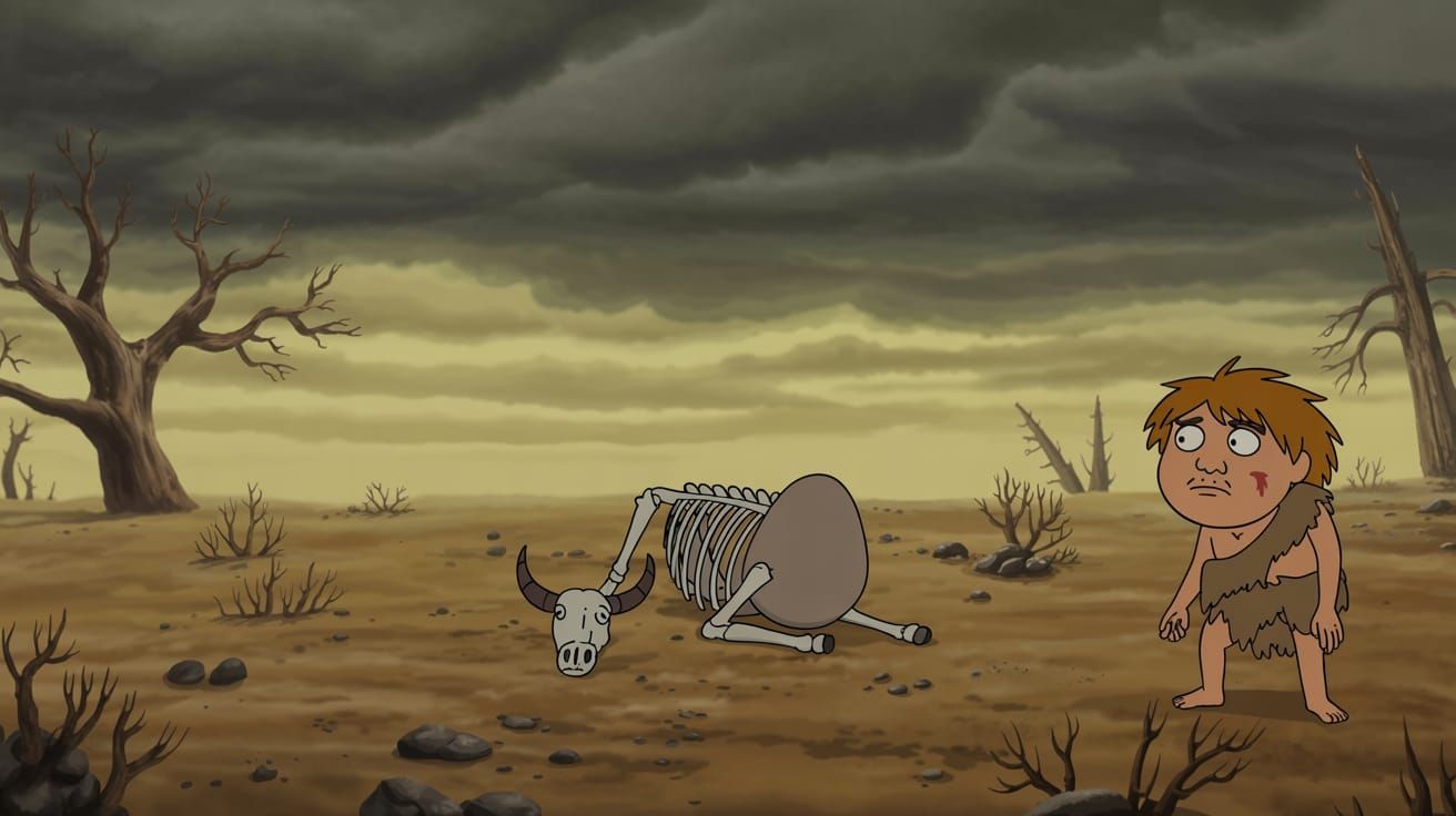 Cartoon-style illustration of a bleak, post-apocalyptic prehistoric landscape after a massive volcanic eruption. The sky is dark and overcas...